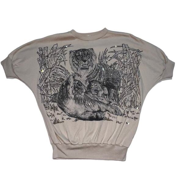 Vintage 90s Tiger Family Glitter Graphic Short Sleeve Sweatshirt Tan Small - Picture 8 of 10